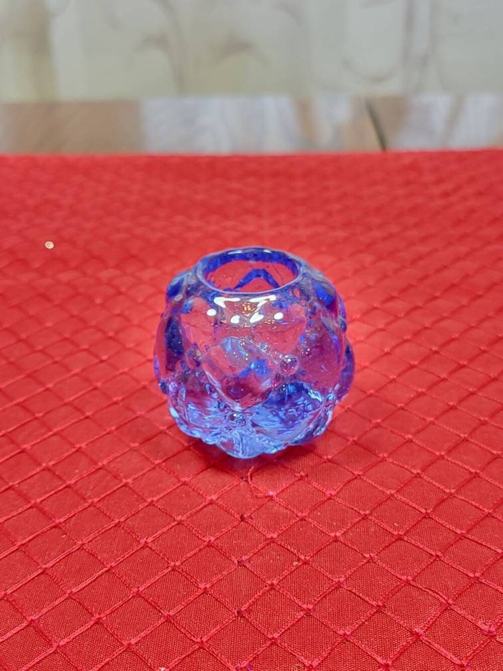 Vintage Blue Glass Candle Holder, Raspberry Bubble Reversible Votive Stick
